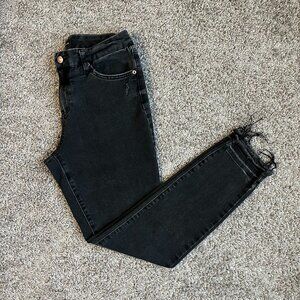 Express Raw Hem Faded Black Mid Rise Skinny Jeans